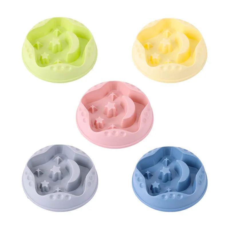 Moon star wings design slow feeder pet bowl in assorted colours on a non-slip base.