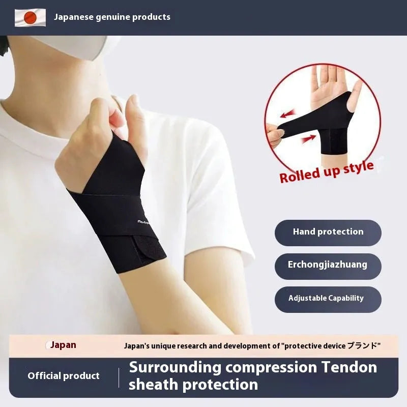Adjustable black athletic wristguard worn on a wrist, suitable for badminton, tennis, and volleyball.