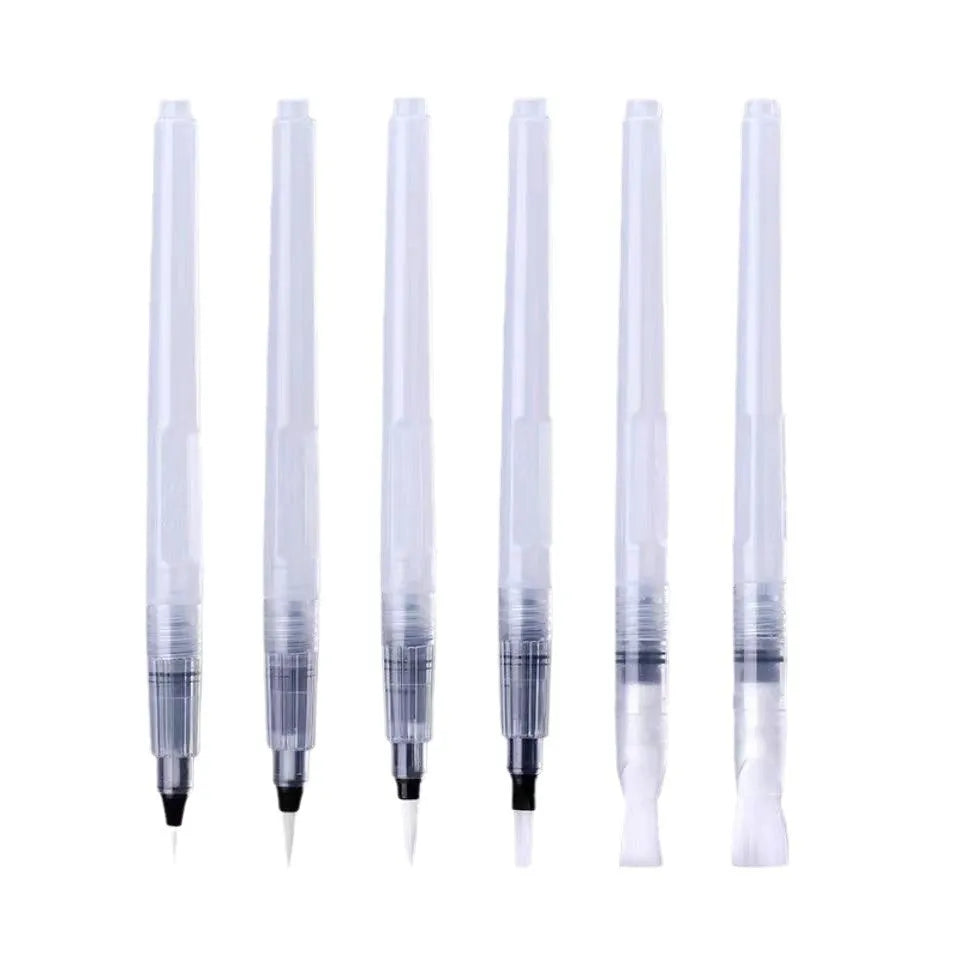 Six watercolour fountain pens with plastic body, pointed soft wool hook line, in small medium large sizes