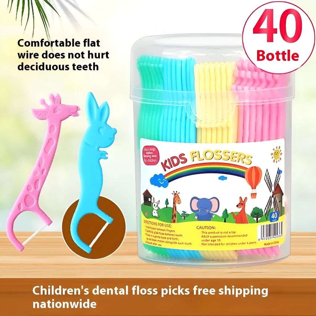 Children's flat floss dental sticks plastic flossers 40 pack bright colour