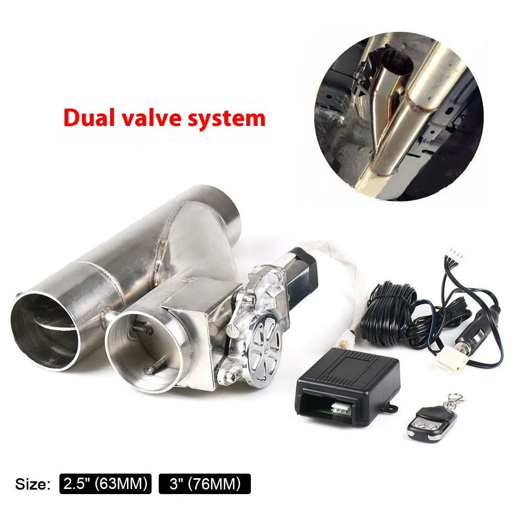 Silver stainless steel electronic control double valve exhaust pipe, 290mm length, shown for car modification use