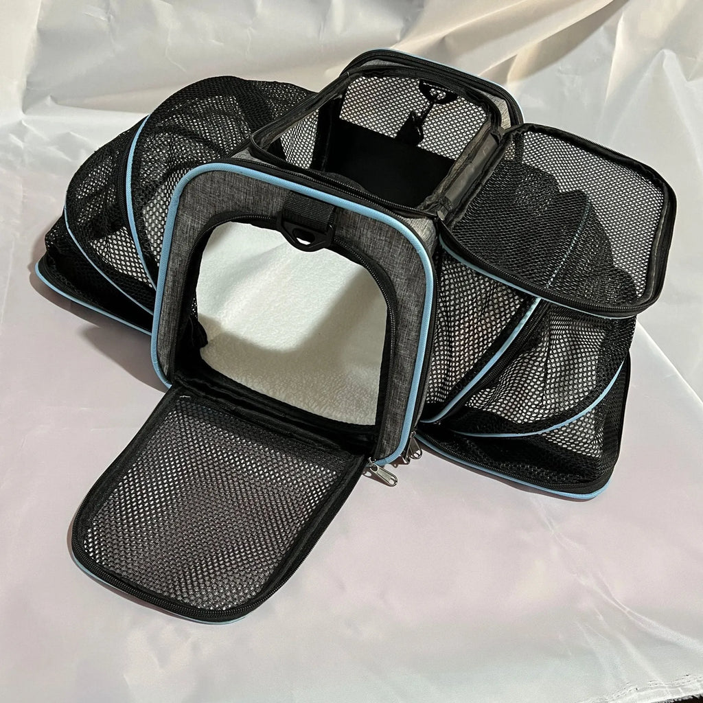 Cat carrier bag made from 600D cation fabric in small and large sizes with multiple colour trim options