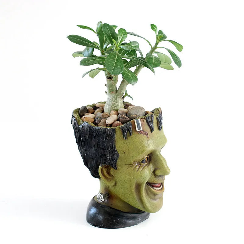 Green resin Frankenstein flower pot with drainage hole for desktop indoor succulent and fern display