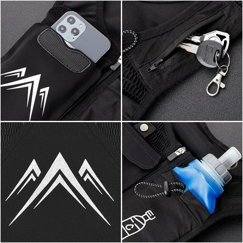 Breathable mesh running vest with integrated phone compartment showing front and back views