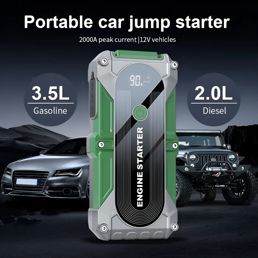 Portable emergency starting power supply with LED display, 8000mAh battery, clip jumper, storage bag and USB cable.