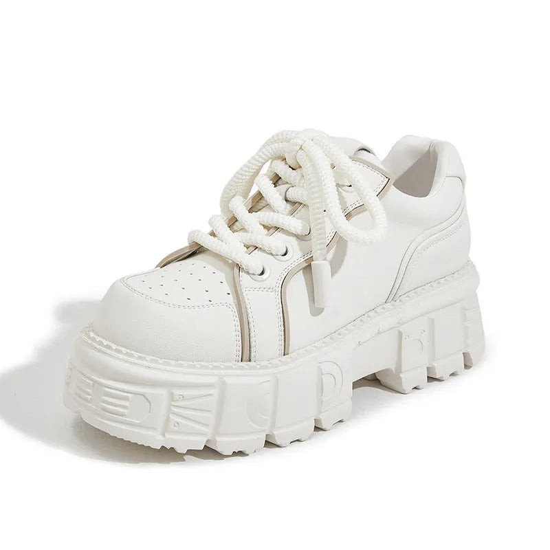 Beige and pink casual leather shoes with muffin bottom design and height increasing soles