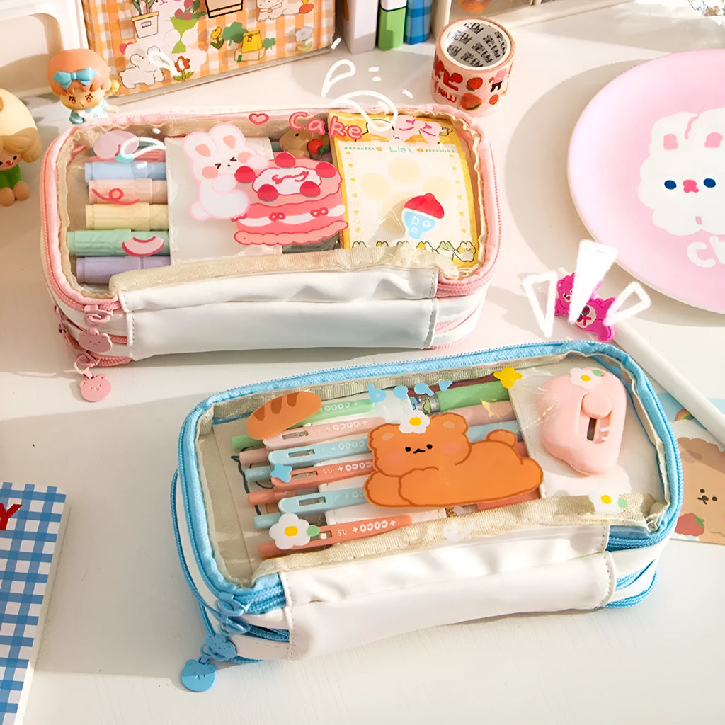 Transparent TPU pencil case with rabbit and heart designs in red and pink colour options