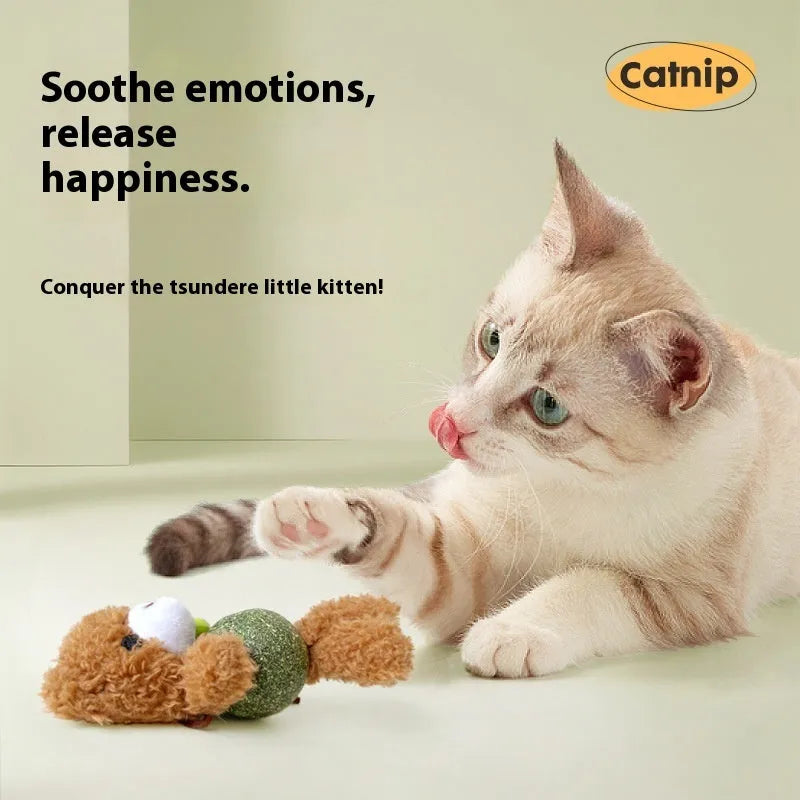 Plush catnip toy shaped as animal character with internal bell and mint ball