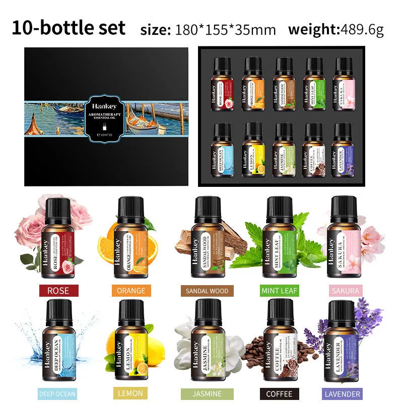 Boxed water-soluble aromatherapy essential oil sets in multiple sizes for diffuser use