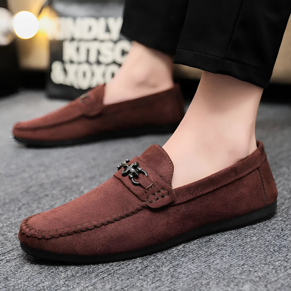 Men's black waterproof slip-on loafers with round toe and low heel for casual spring wear