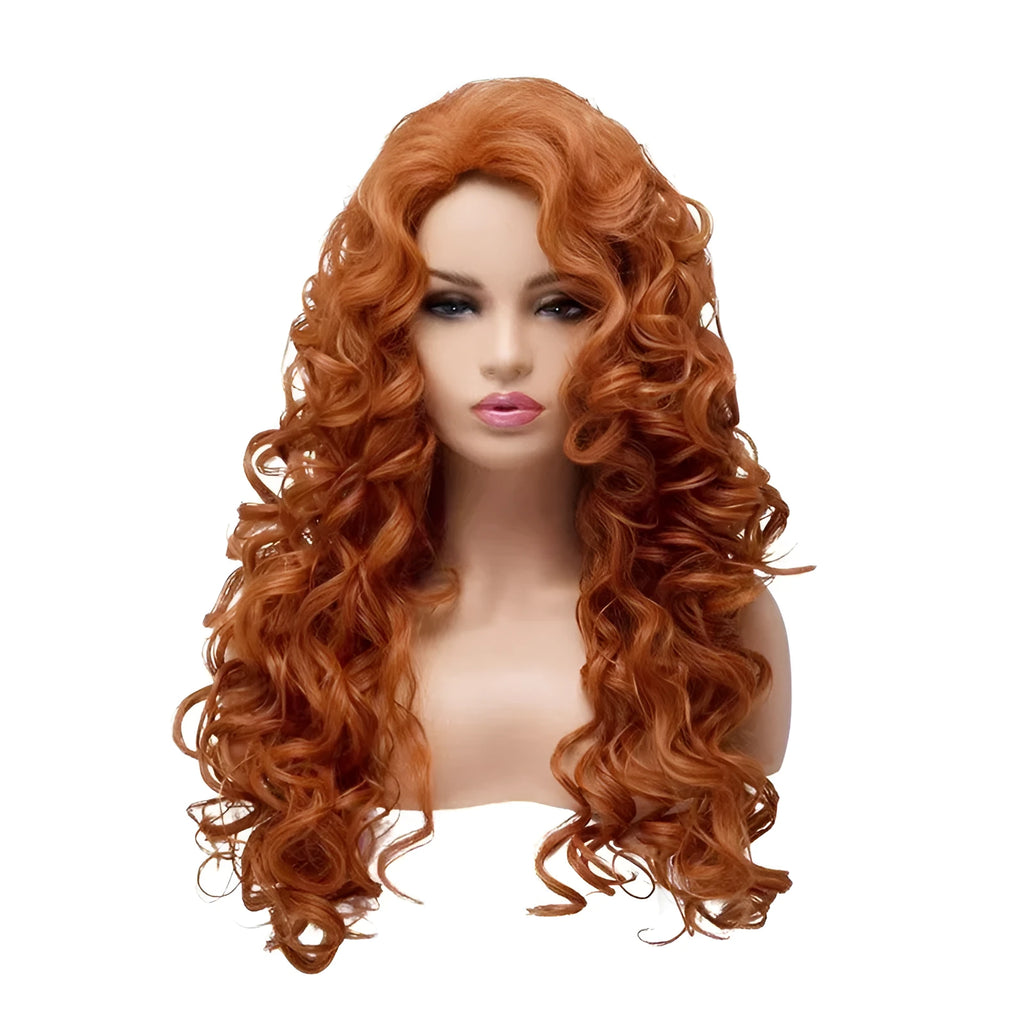 Brown long wavy curly wig made of high temperature fiber with fluffy natural body texture