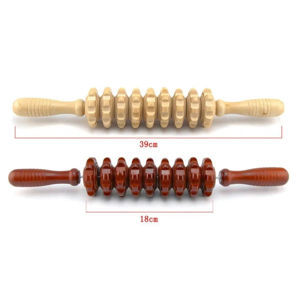 Wooden muscle massage roller stick, 39cm long with 18cm roller, 270g, five styles