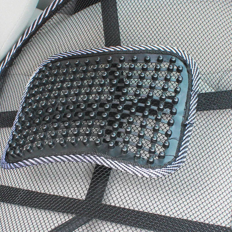 Black car lumbar support pillow with steel wire construction measuring 41x39cm