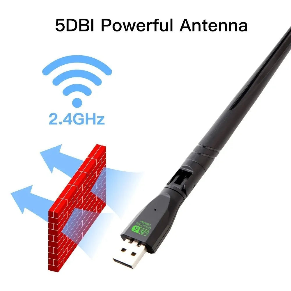 Black USB WiFi 6 wireless network card with instruction manual
