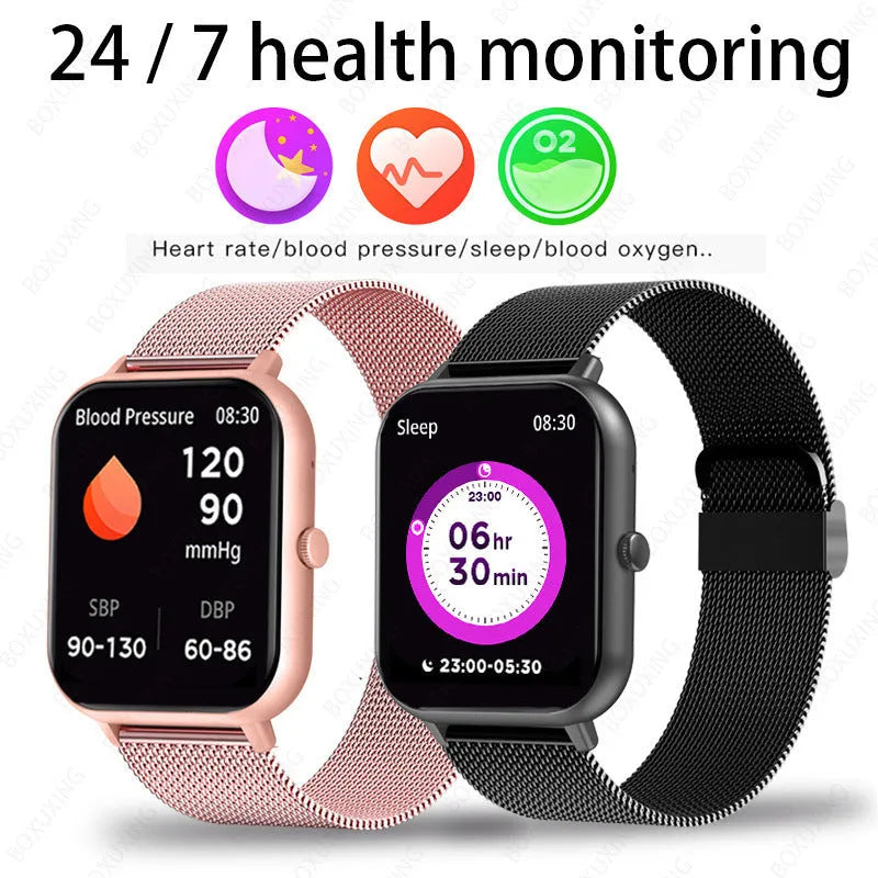 ZL54C Smart Watch in black with Milan steel strap showing heart rate and blood oxygen monitoring
