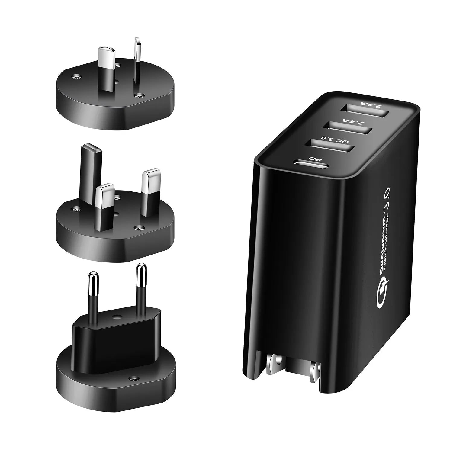 Black and white 48W four-port Type-C mobile phone charger with international plug options