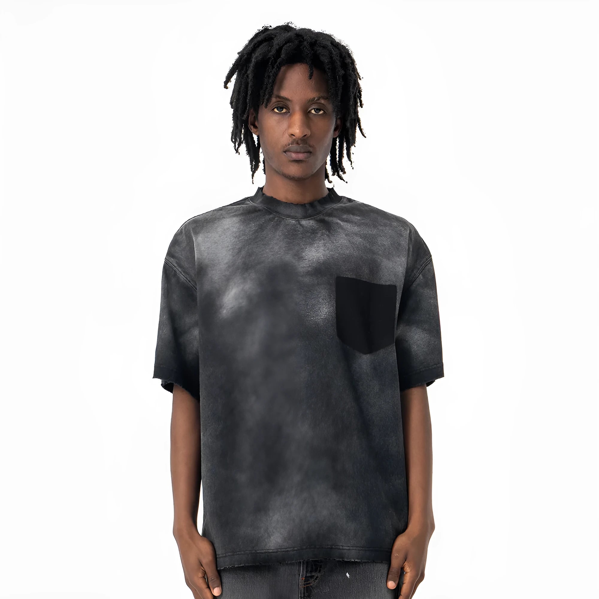 Black men's cotton t-shirt with letter print and drop shoulder sleeves