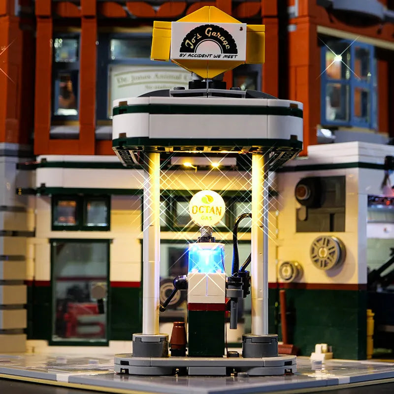 MOC plastic LED lighting accessories kit showing corner repair shop lighting groups for construction toys