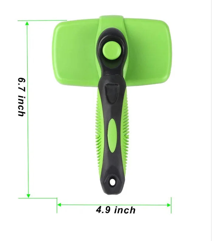 Automatic retractable pet comb with stainless steel needles, 19 x 12.6 cm, in green or yellow