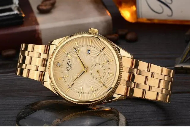 Quartz watch strap watch shown in Black, Gold, and White with Female and Male style options.