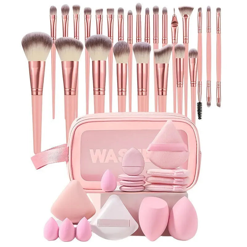 Beauty tool combination set with hydrophilic non-latex material in brown, pink, and purple colours