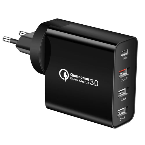 Black and white 48W four-port Type-C mobile phone charger with international plug options