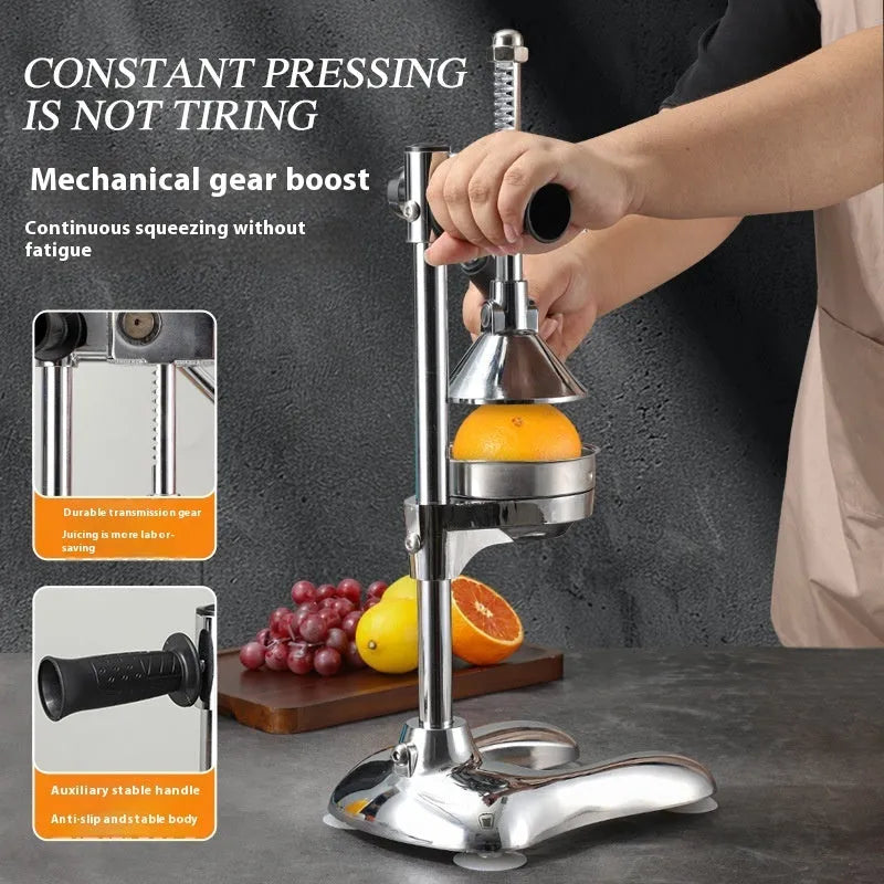 Stainless steel manual juicer with zinc alloy components in multiple colour options