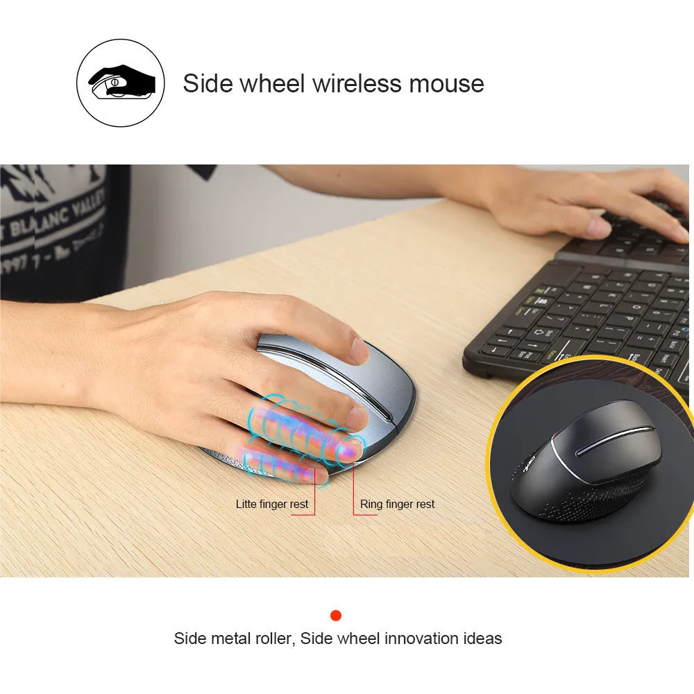 T32 Wireless Vertical Mouse in black or silver matte with aluminium side roller and USB receiver.