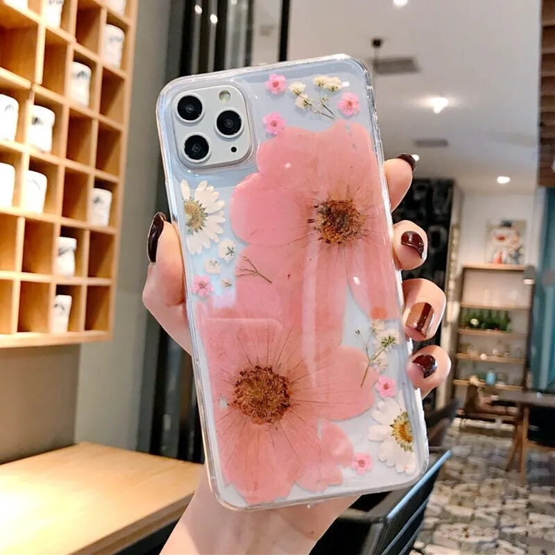 Flower pattern iPhone case in pink or yellow colours with floral design on TPU back cover