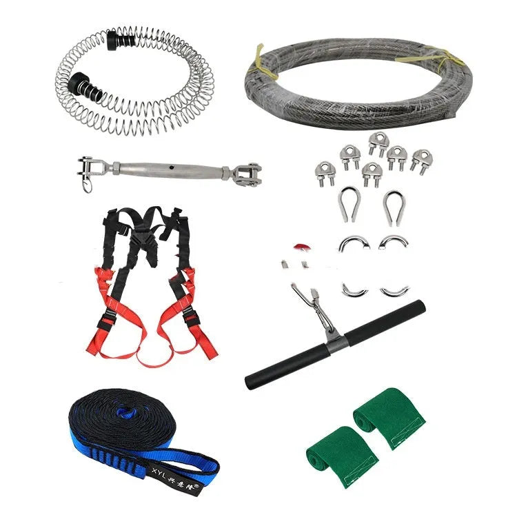 Children's outdoor 10 metre pulley slide rope zipline set with alloy steel pulleys, handle, and installation hardware