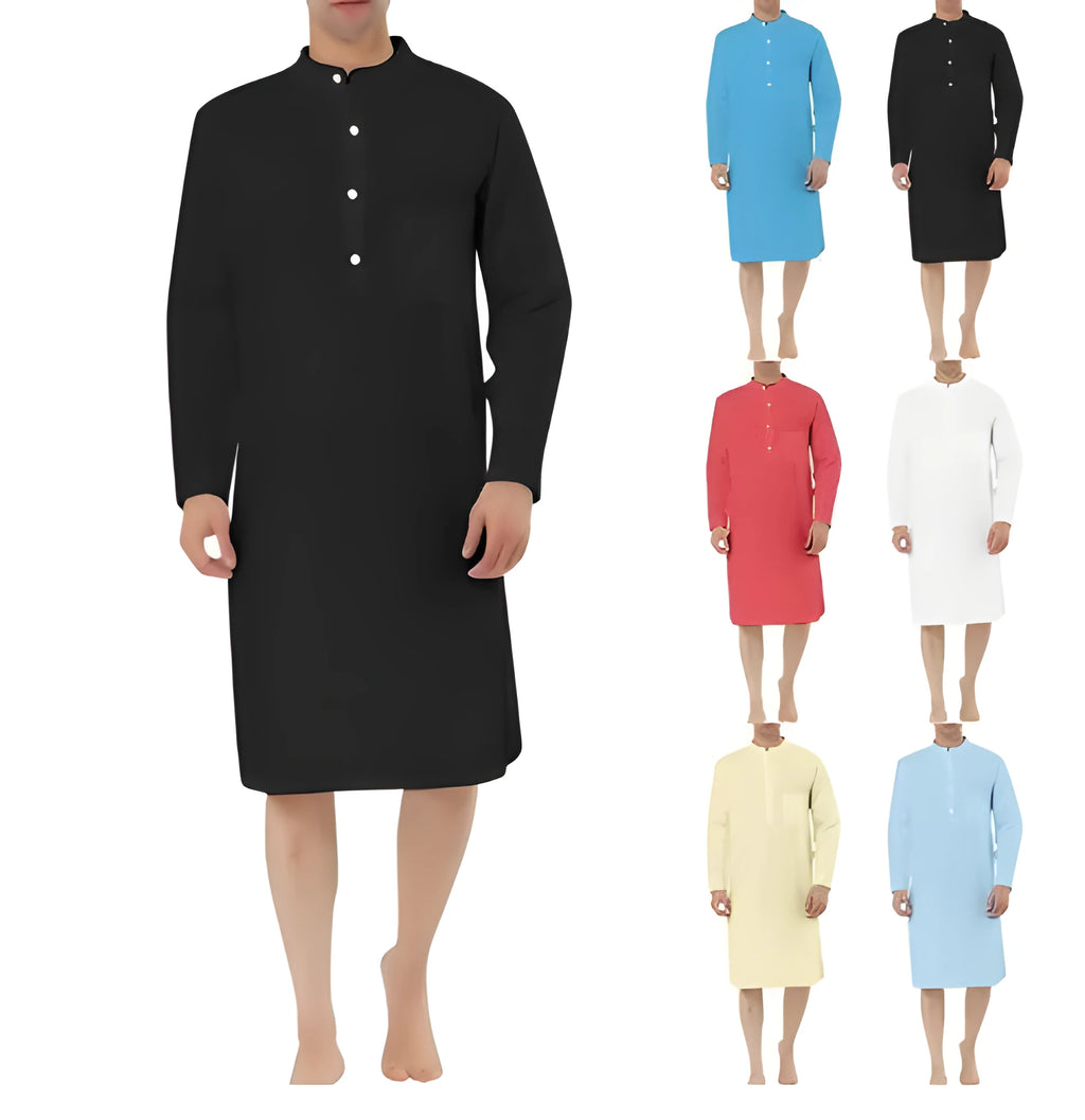 Men's cotton shirt robe shown in one of nine colours, featuring a simple pocket and shirt-length design.