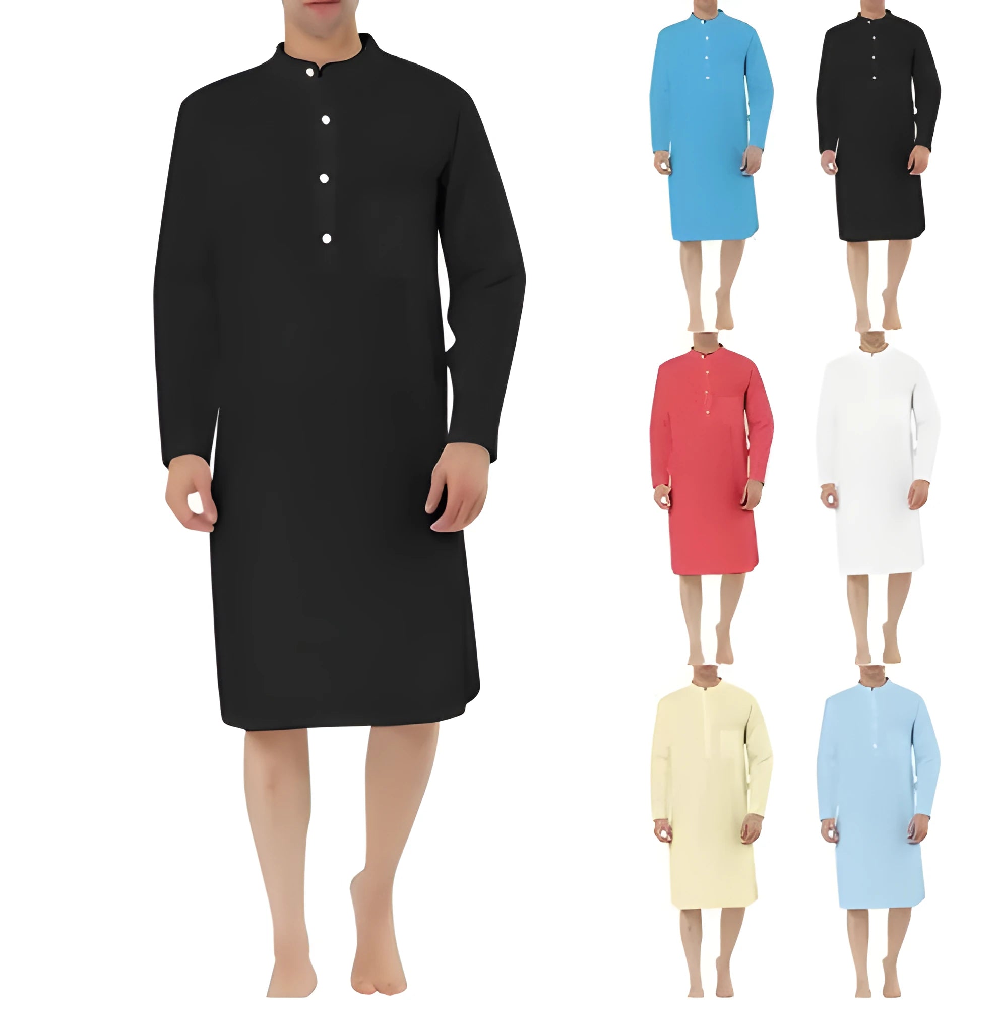 Men's cotton shirt robe shown in one of nine colours, featuring a simple pocket and shirt-length design.