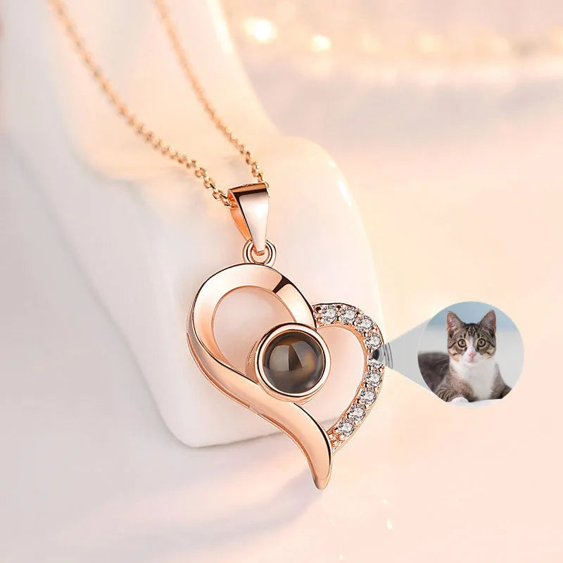 925 silver heart projection photo necklace in Silver or Rose Gold, 20.5 x 16.3 mm pendant with chain