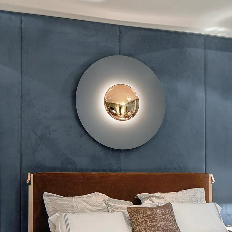 UFO wall lamp with iron shade, LED light source, 220V, available in 30cm to 60cm diameters and four colours.