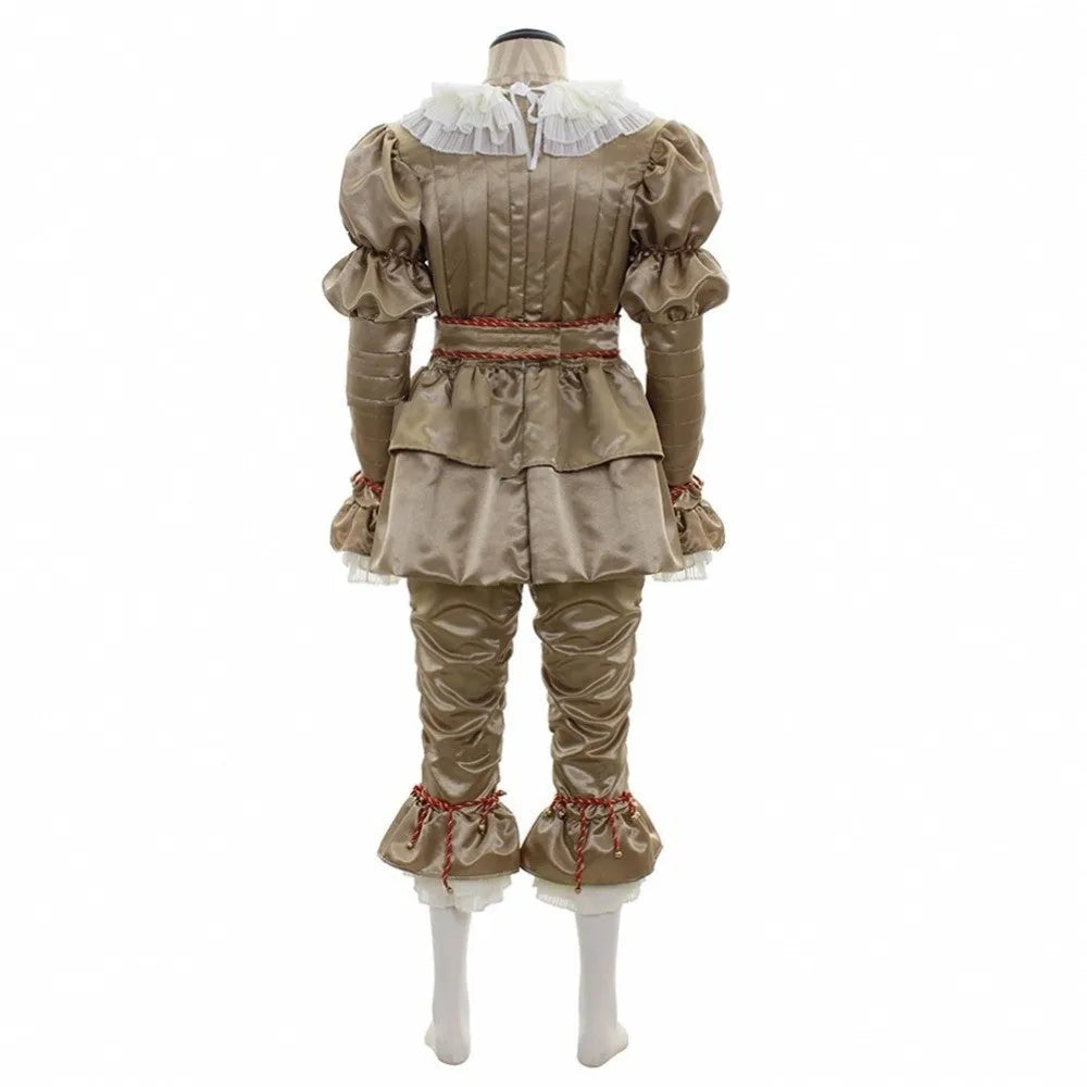 Halloween clown costume set with top, trousers, belt, bib, bracelets, and leg chains in gold grey, women and child sizes