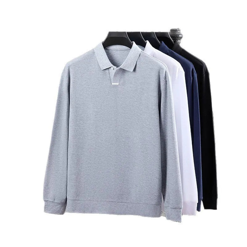 Men's loose fit cotton polo shirt with lapel collar and long sleeves in grey