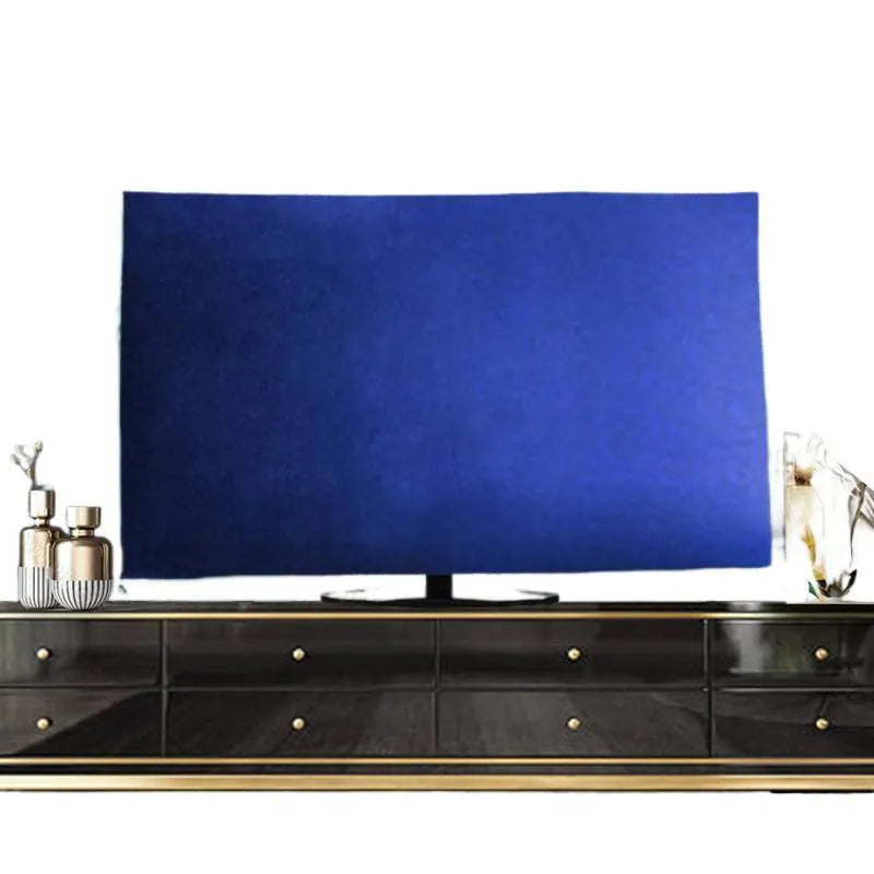Velvet fabric TV cover towel in multiple colours shown draped over a television screen.