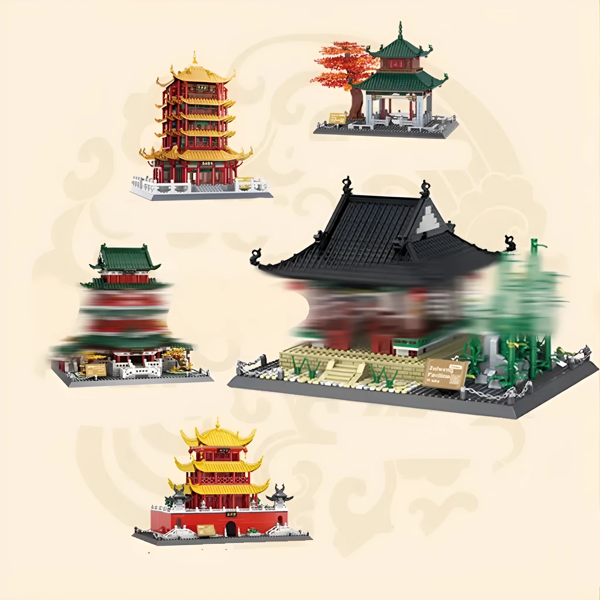 Wange building blocks set showing over 800 ABS plastic pieces for constructing architectural landmark models