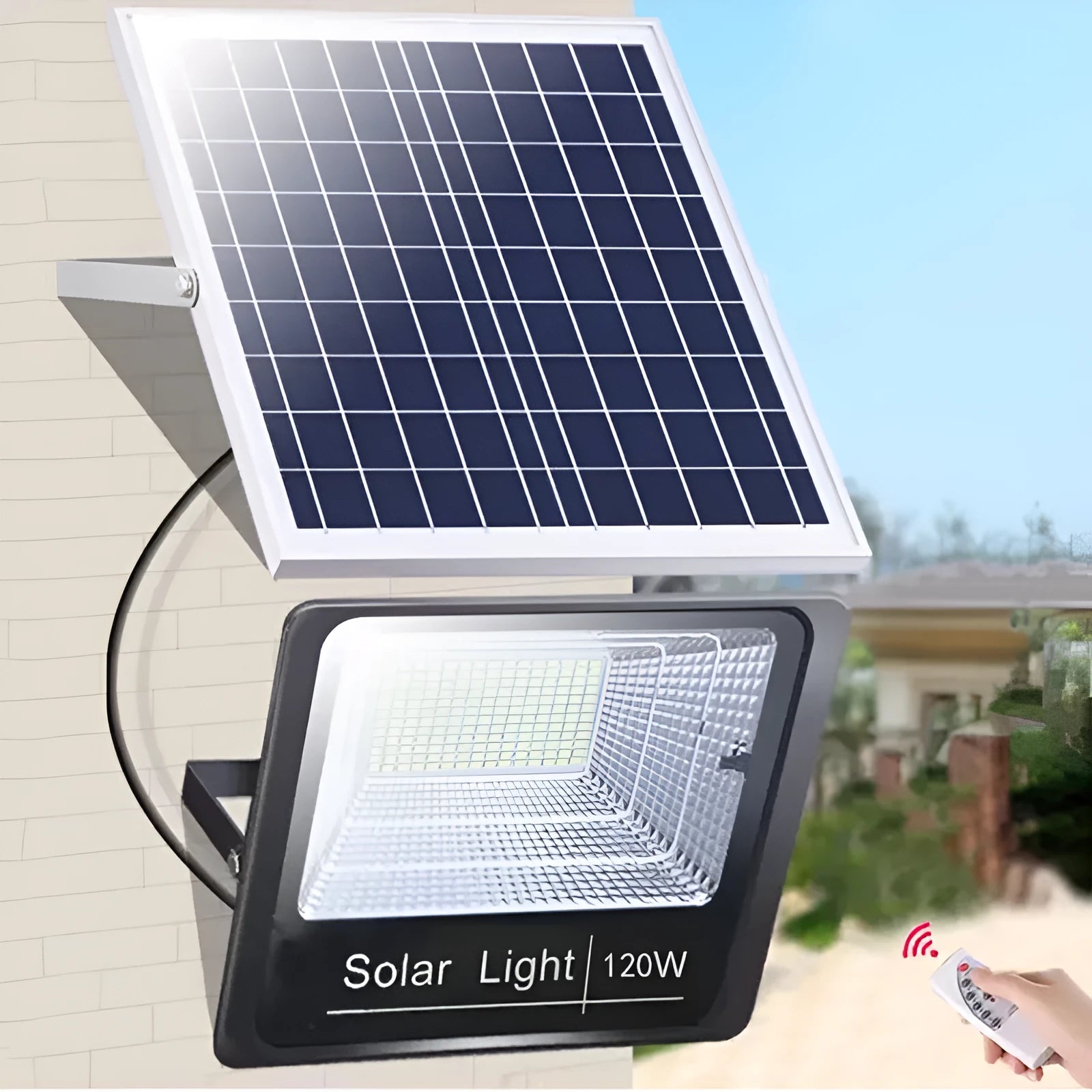 Black solar-powered LED flood light for outdoor garden and security use.