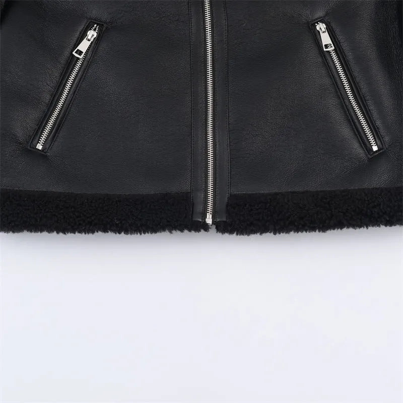 Women's black double-sided fleece jacket, medium thickness, PU fabric, sizes XS to L