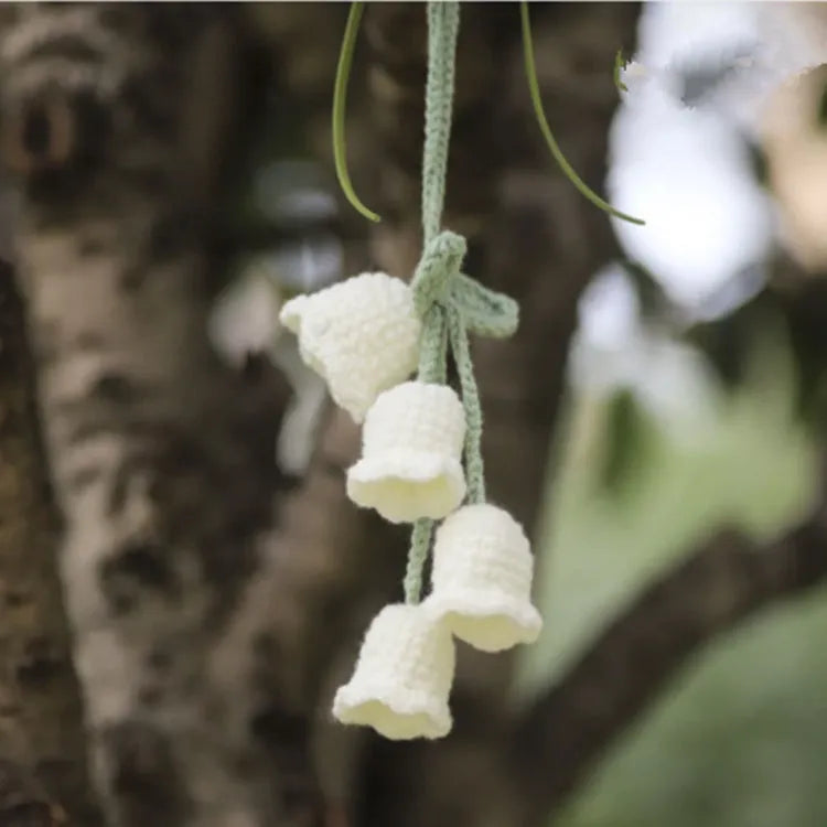 Green and white knitted wool macramé car air plant holder with hanging cord