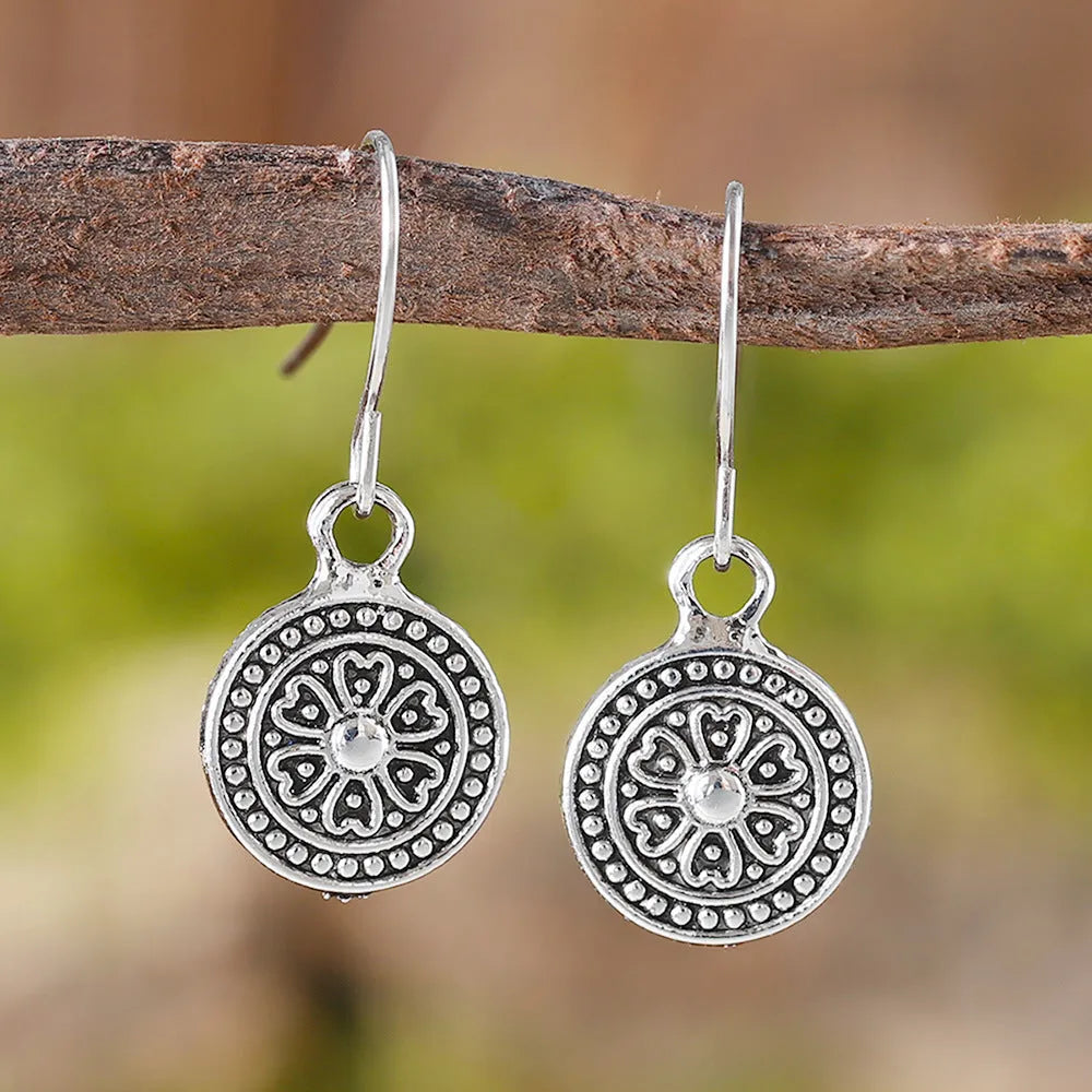 Geometric round zinc alloy earrings with distressed ethnic bohemian styling and electroplated finish