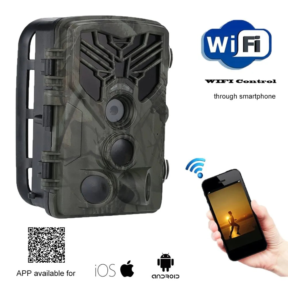 WiFi trail camera 20MP 1080P with night vision, 0.3s trigger, and IP65 waterproof housing