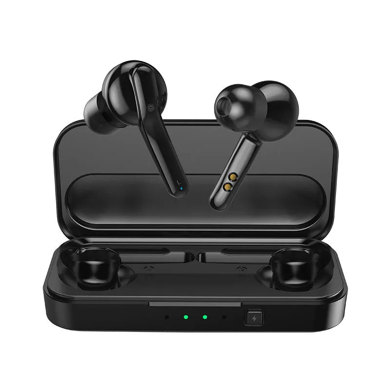 Black and white TWS wireless earbuds with Bluetooth 5.0 connectivity