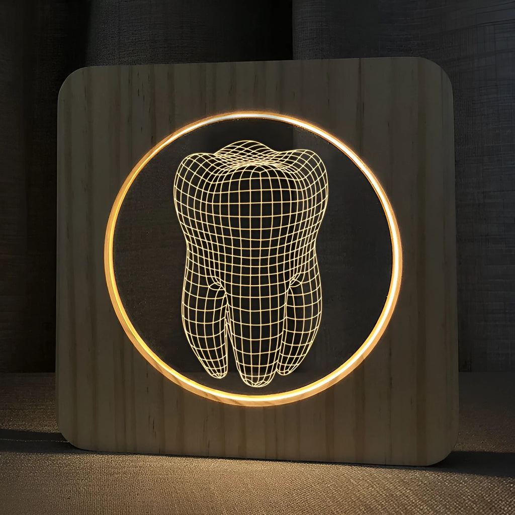 Tooth-shaped wood colour acrylic night lamp with USB cable on white background