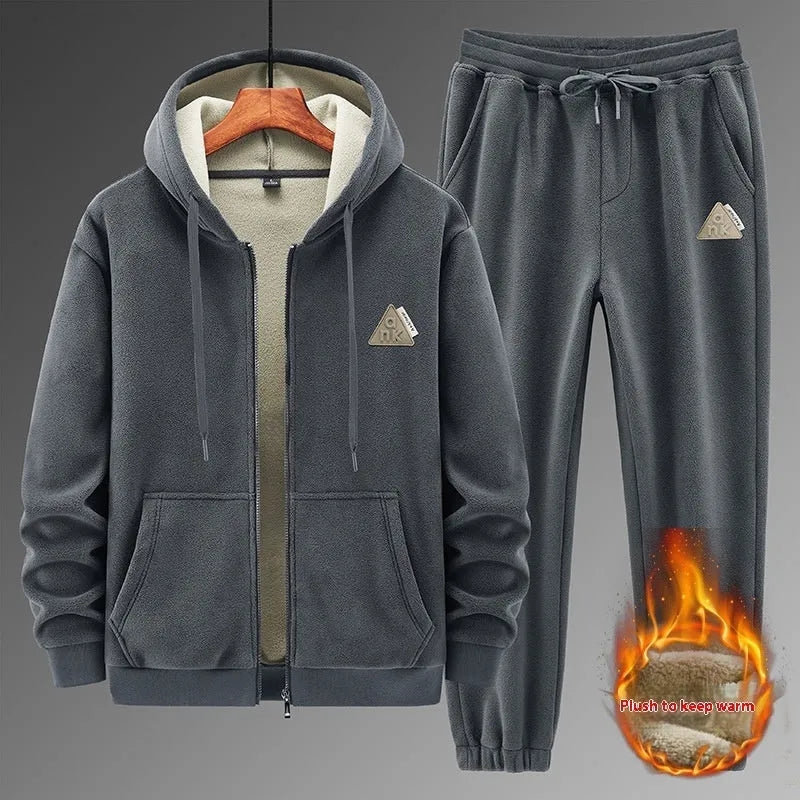 Men's grey cashmere blend hooded sports suit with matching trousers for casual athletic wear