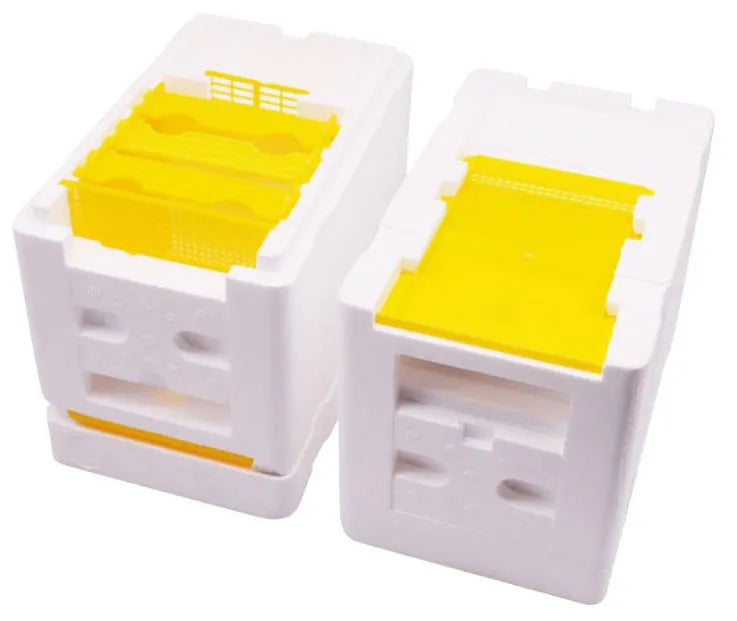Three white EPS foam bee delivery boxes for beehive frame and queen transport.