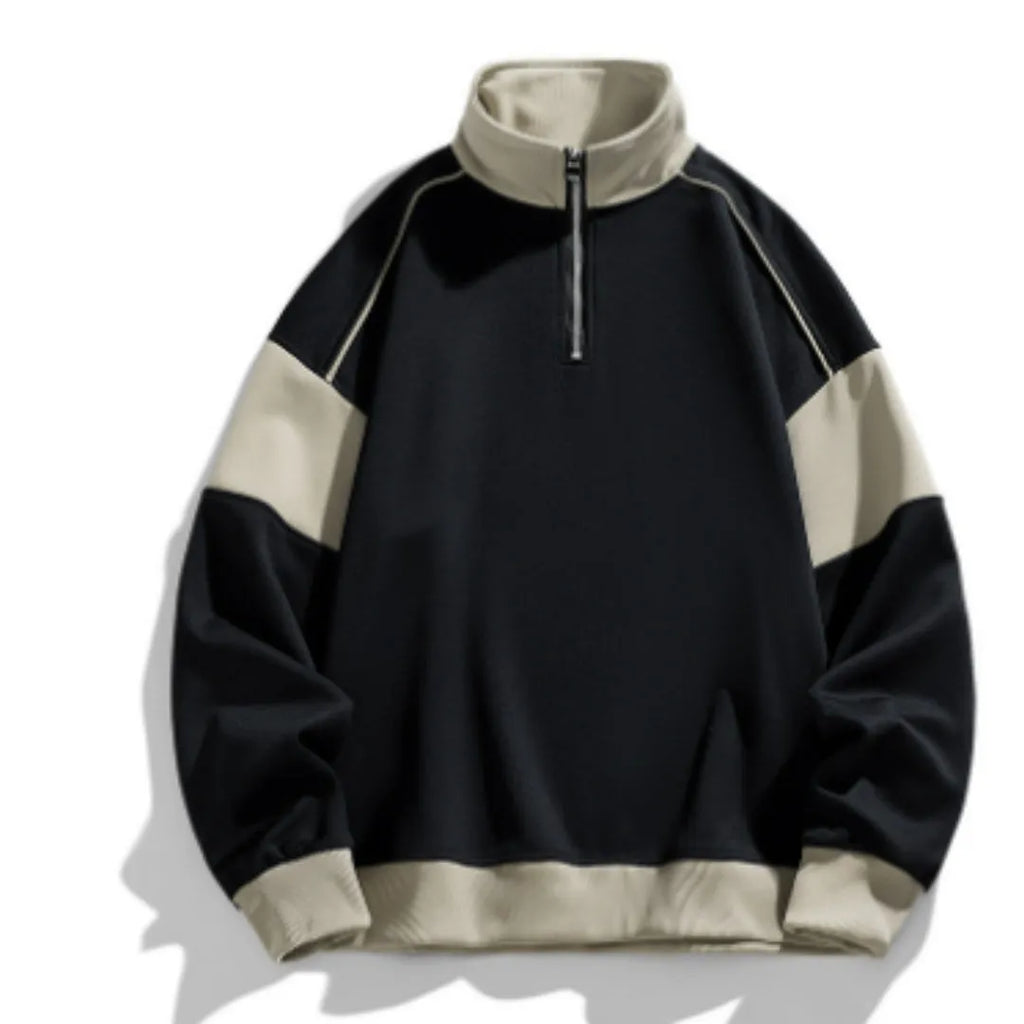 Men's black hooded corduroy pullover sweater with drop shoulders and rabbit fur fabric