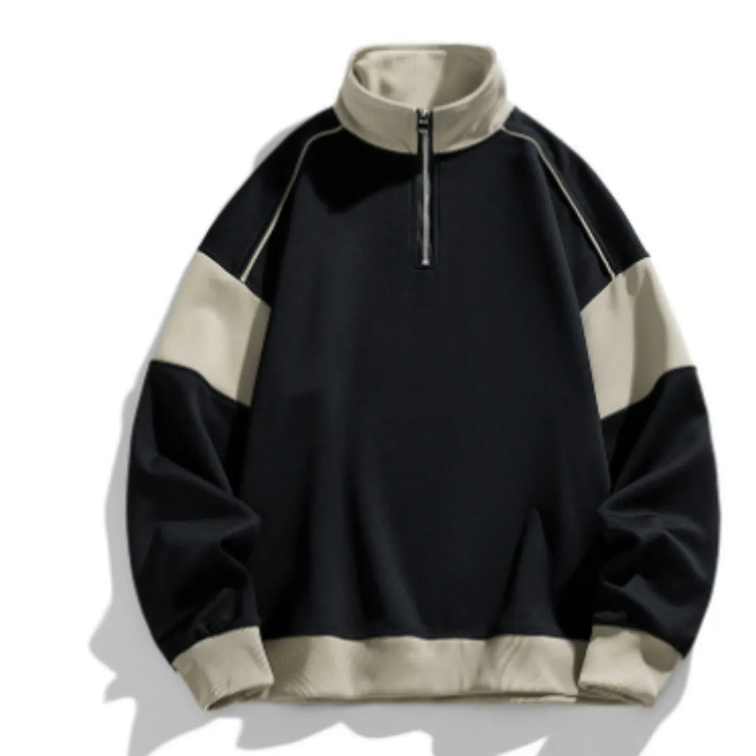 Men's black hooded corduroy pullover sweater with drop shoulders and rabbit fur fabric