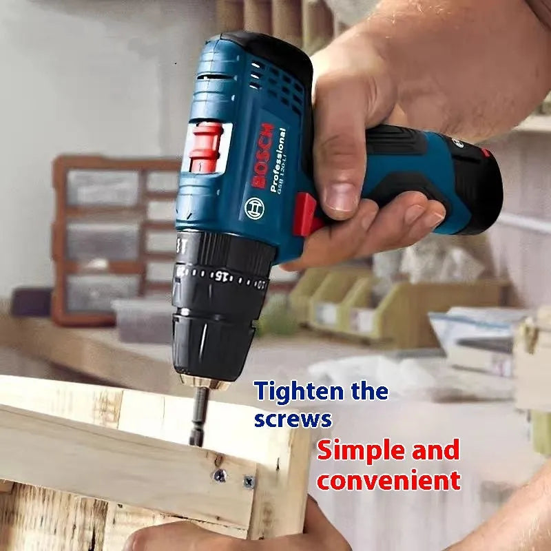 Cordless electric drill and screwdriver with 10mm chuck, 1300 rpm, two batteries and instruction manual.